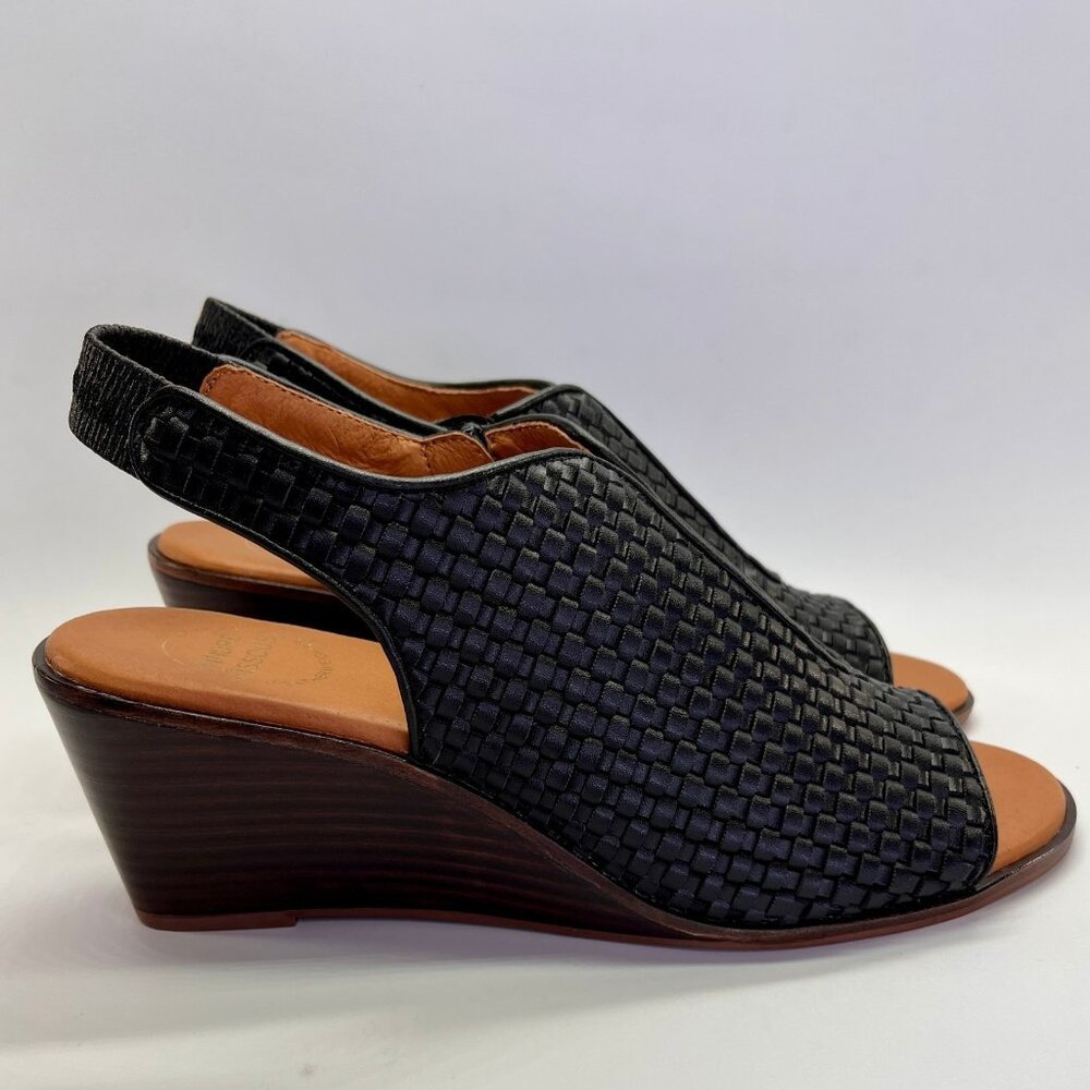 Andre Assous Belinda Wedges Size 8.5 Black Woven Slingback Peep Toe Heels - Picture 6 of 16